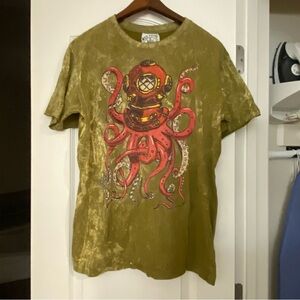 No Time Mens Graphic Tee T Shirt L Large Green With Red Octopus In Scuba Helmet